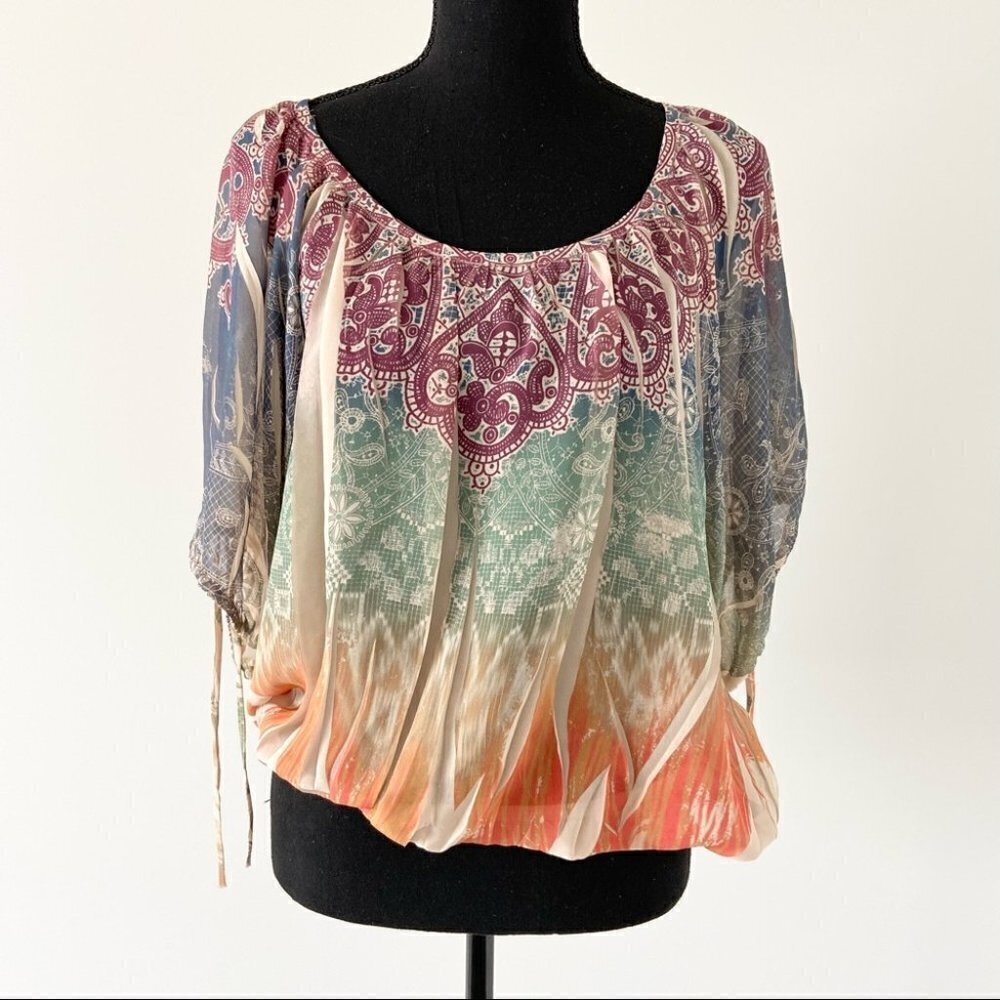 Impress Boho Print Dolman Sleeve Elastic Waist Hem Lightweight Blouse